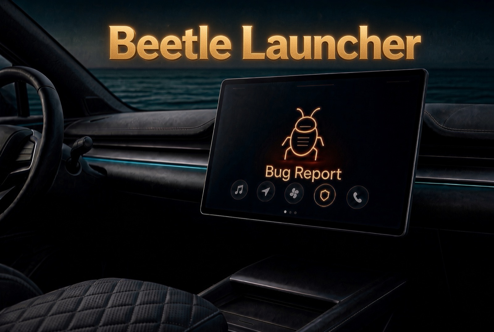 A car interior at dusk. The centre screen shows a glowing amber beetle
              above the words Bug Report, under a gold Beetle Launcher wordmark.