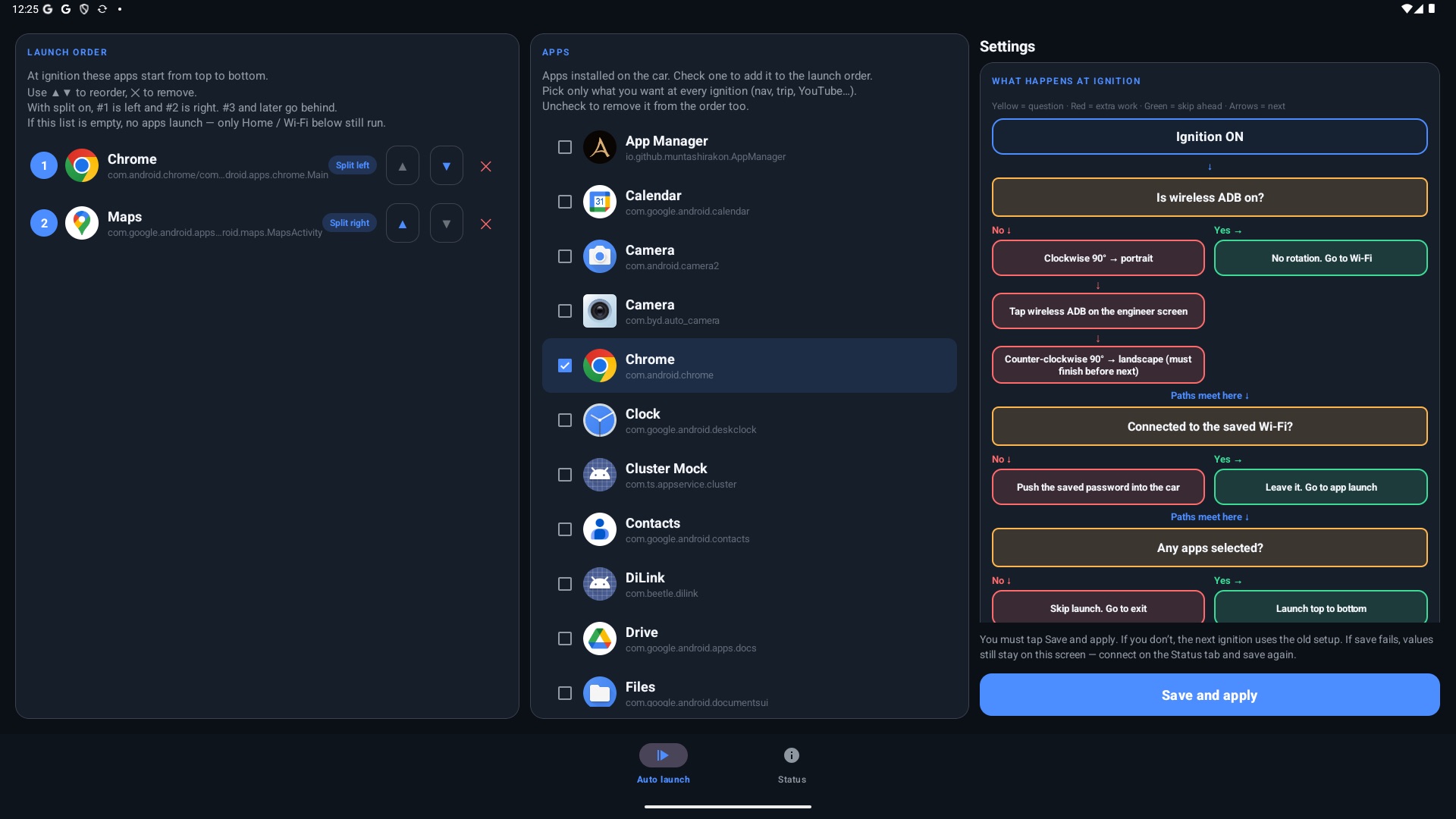 AutoLaunch settings: launch order, app list, and a yes/no flow of ignition jobs.